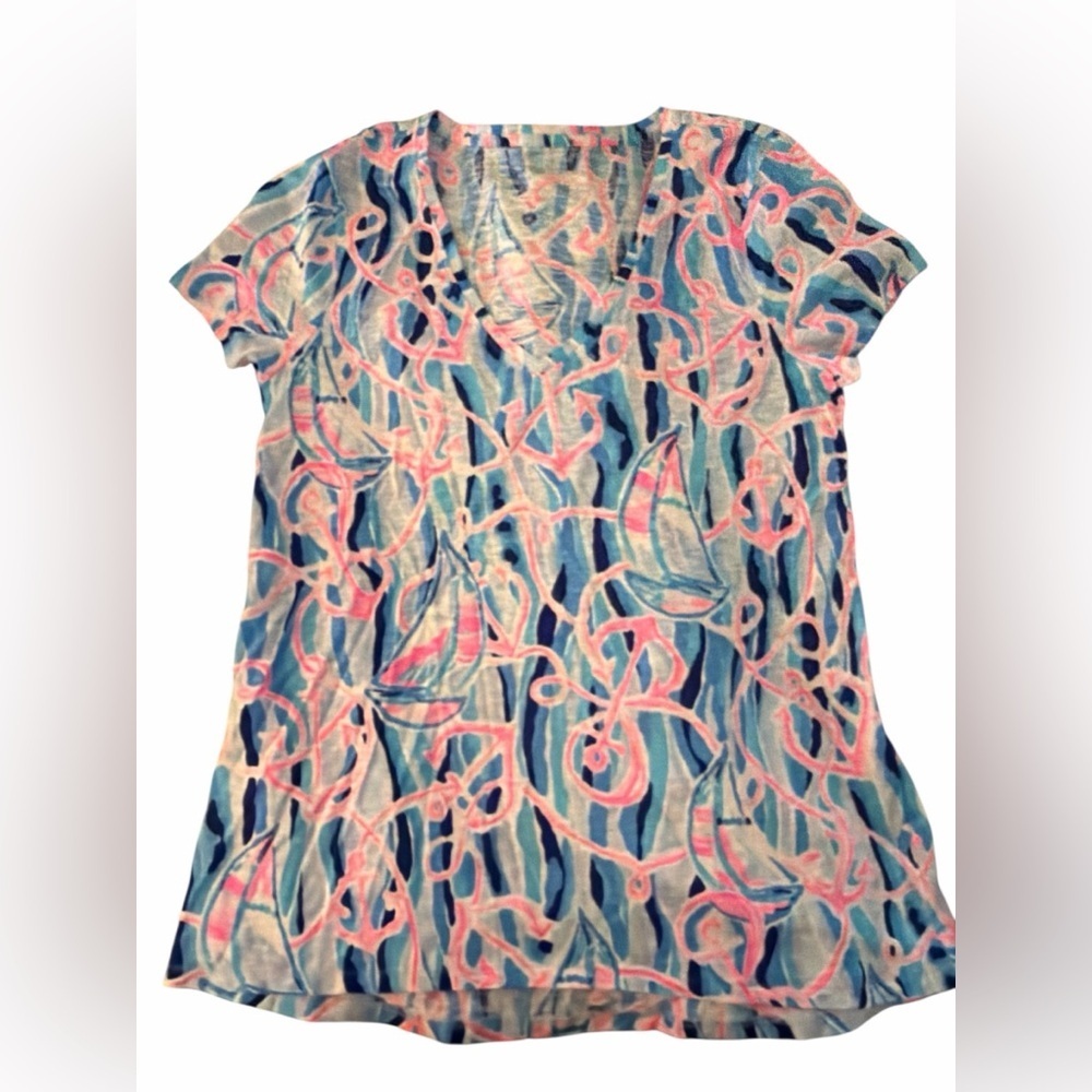 Lilly Pulitzer Etta V-Neck Top Short Sleeve Skim Blue Reel Nauti Anchor Tee NWOT